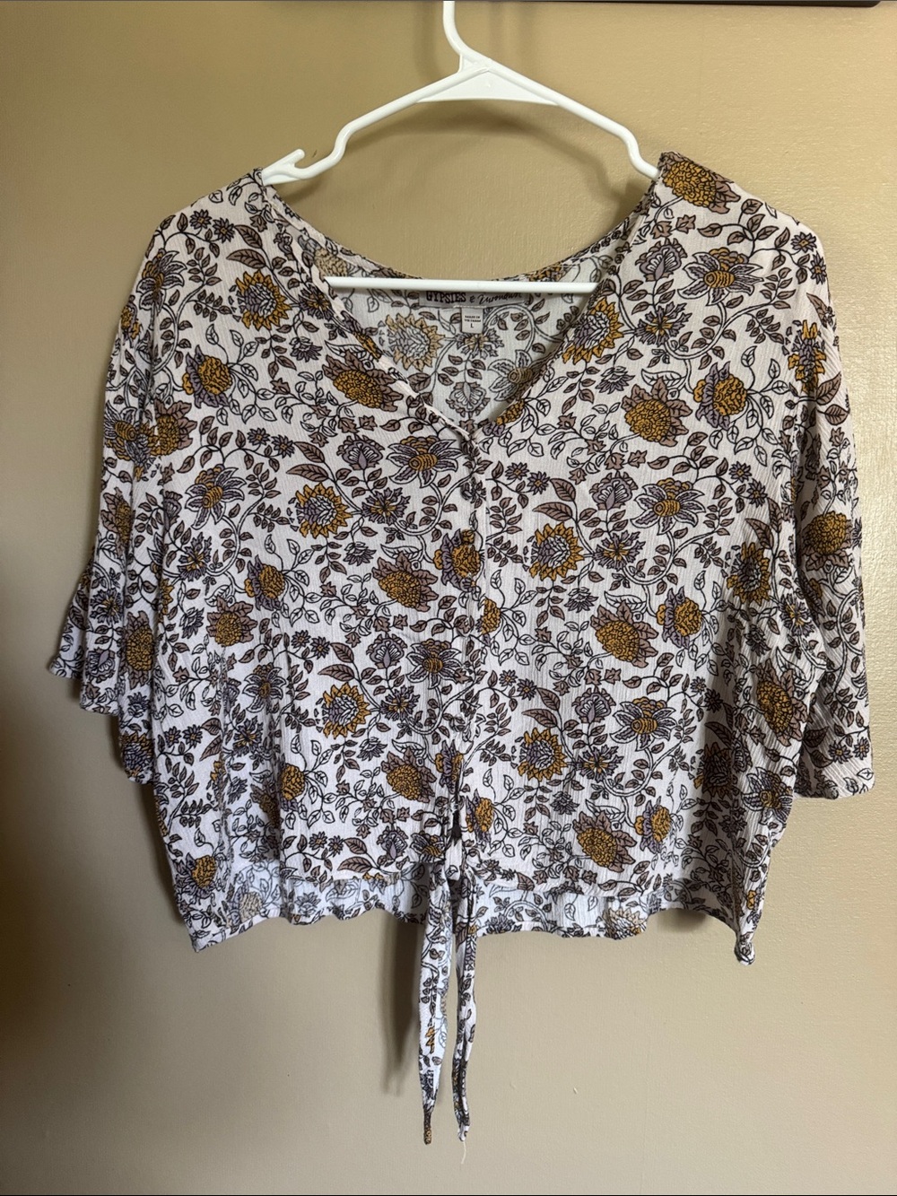 Gypsies & Moondust White Floral Tie-Front Crop Top with Mustard Accents